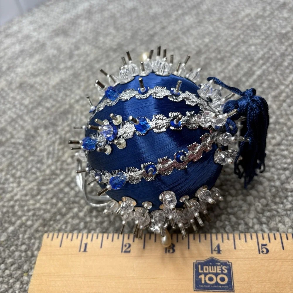 Vtg Silky Blue Christmas Ornament ‎ Pin Satin Beaded With Tassel Unique